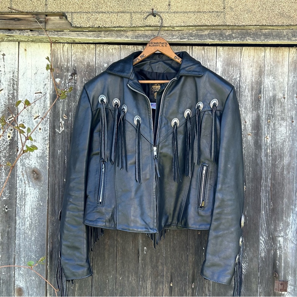 VTG 90s Black Leather FRINGE & CONCHO Motorcycle Jacket